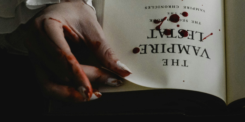 En blodig hånd bladrer i bogen The vampire Lestat
